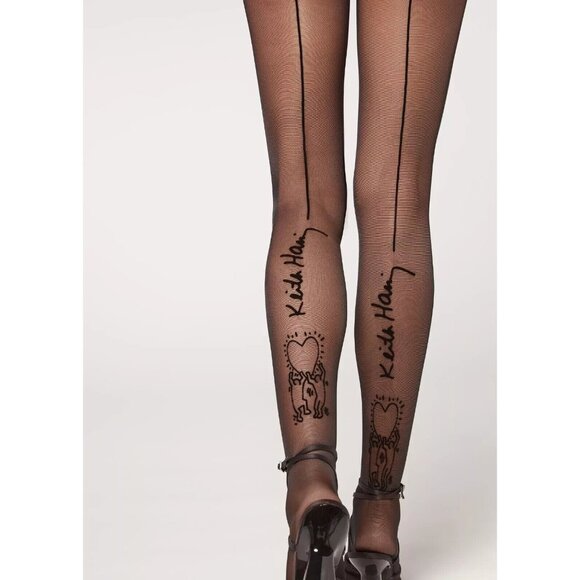Keith Haring x Calzedonia Black Back Seam Tights Hearts 30 Denier Sheer XS-Small - Picture 1 of 7